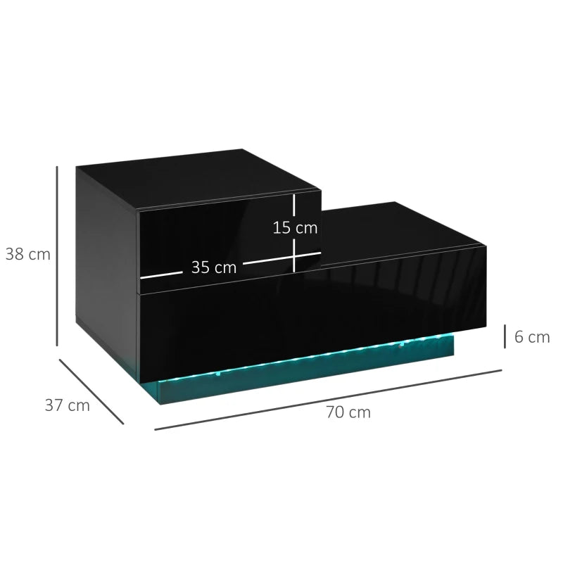 Black High Gloss Bedside Table with RGB LED Light and Drawers