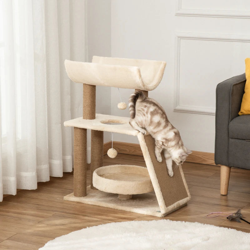 Cat Tree with Scratching Posts, Pad, Bed, Perch & Ball - Light Brown