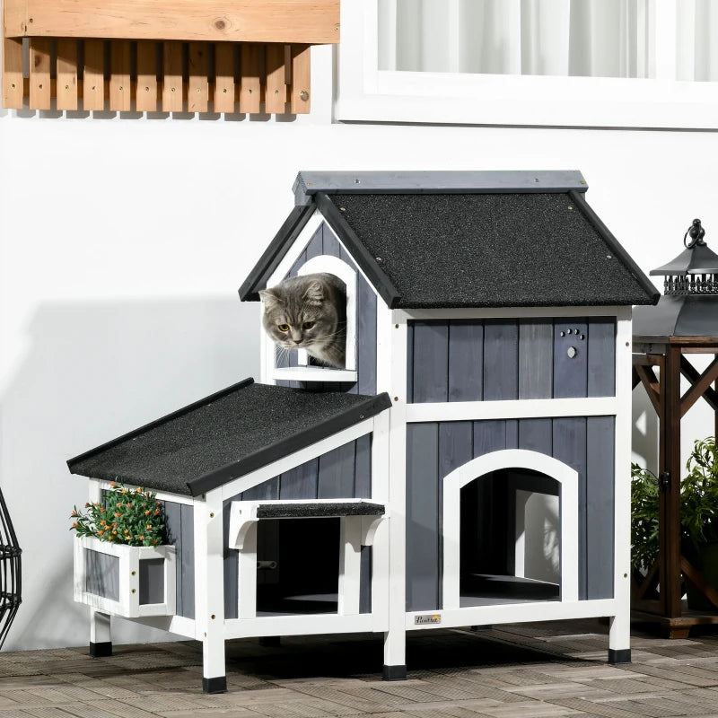 Grey Wooden Outdoor Cat House with Flower Pot and Multiple Entrances