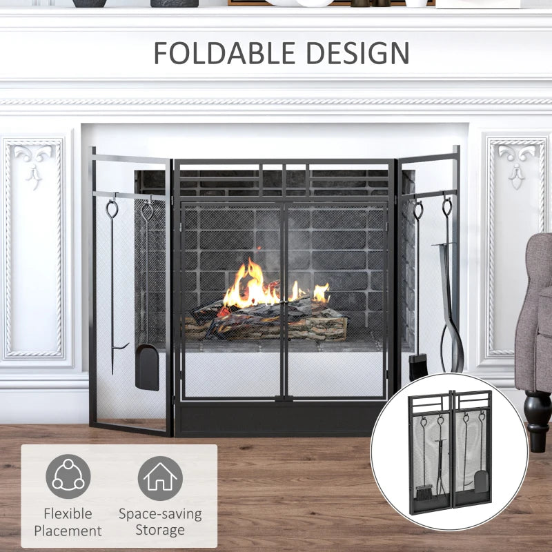 Black 3-Panel Fireplace Screen Set with Tools, Steel Mesh Guard & Double Door, 122x80 cm