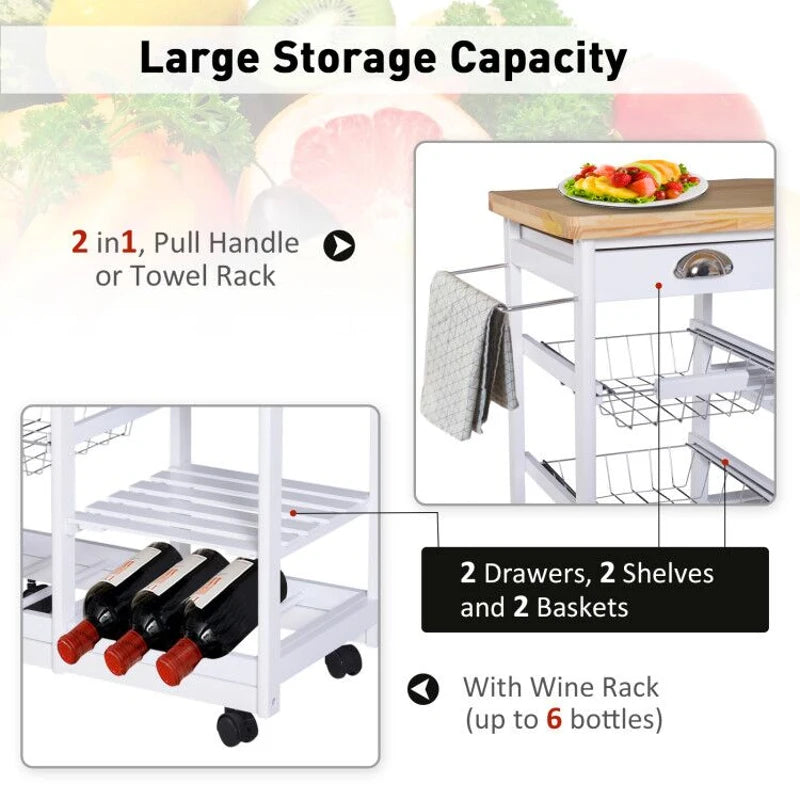 White Rolling Kitchen Island Cart with Drawers, Shelves, Basket, Wine Rack & Wheels