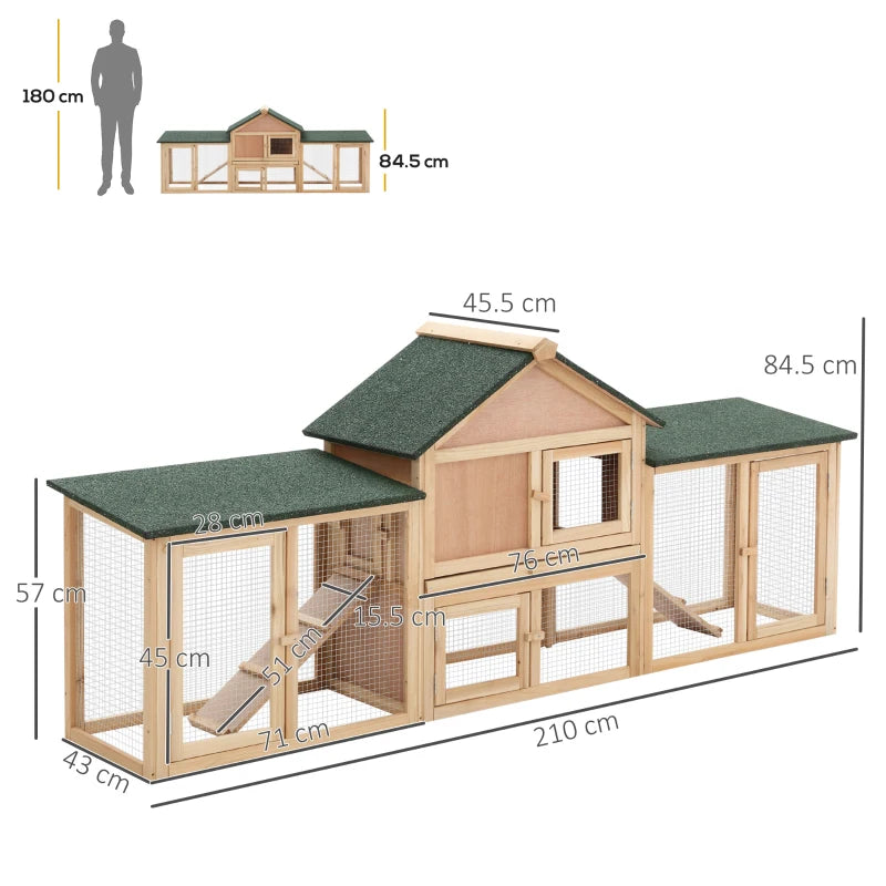 Wooden Outdoor Rabbit Hutch with Run, 2-Storey Bunny House - Grey, 210 x 45.5 x 84.5 cm