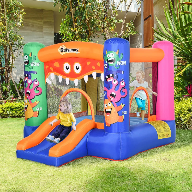 Monster Design Inflatable Bouncy Castle with Slide - Green/Blue - 180 x 250 x 175 CM