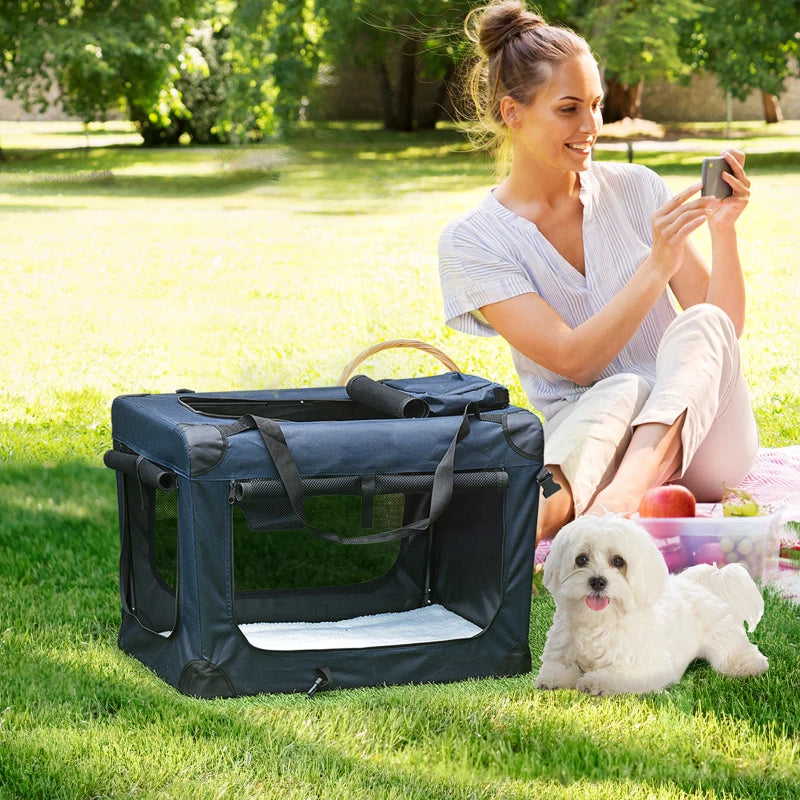 Foldable Pet Carrier for Small Pets - Portable Soft-Sided Travel Crate, Dark Blue