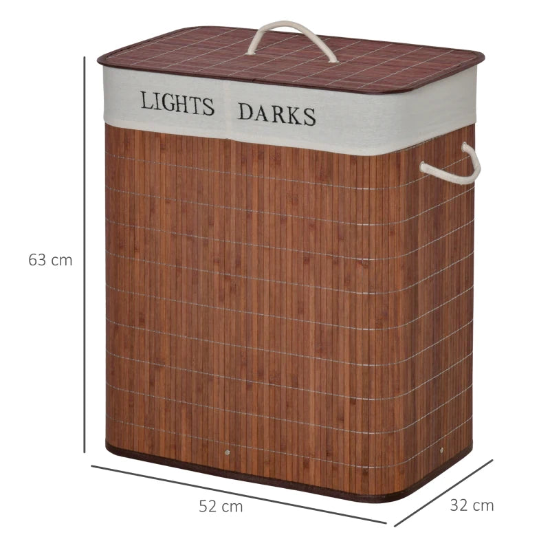 Brown 2-Section Collapsible Laundry Basket with Lid and Handles