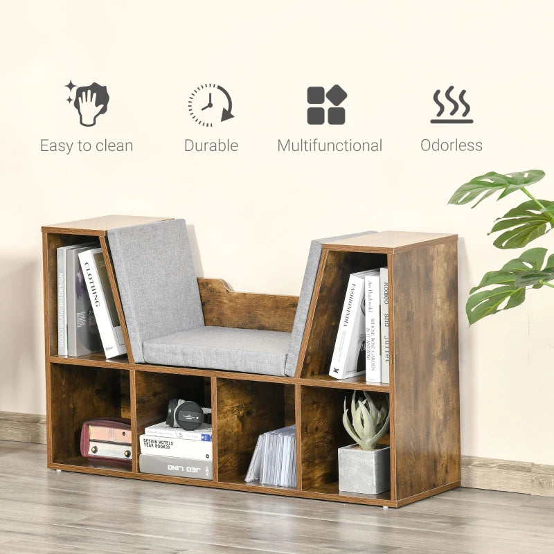 Wood-Effect 6-Compartment Bookcase with Padded Seat - Espresso