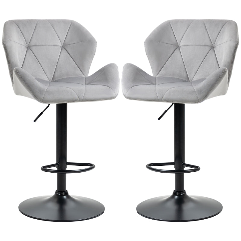 Grey Velvet Barstools Set of 2 with Backrests and Adjustable Height