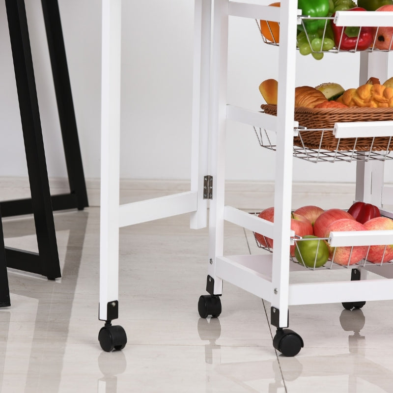 White Oak Drop-Leaf Kitchen Cart Trolley with Baskets and Drawer