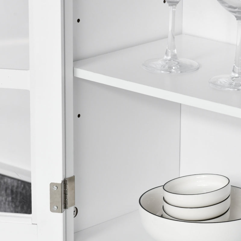 White Louvered Kitchen Storage Cabinet with Glass Doors & Drawers