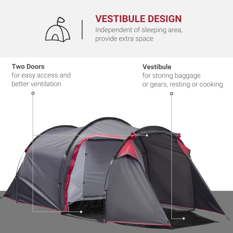 Grey 2-3 Person Tunnel Camping Tent with Porch