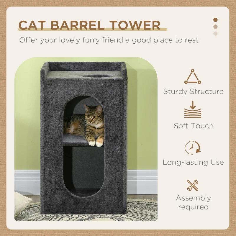 Grey Cat Scratching Barrel with Two Houses for Indoor Cats - 81cm