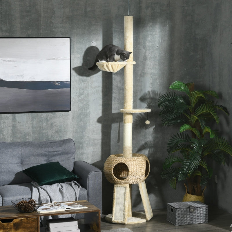 Beige Cat Tree Tower with Scratching Post and House - 255cm