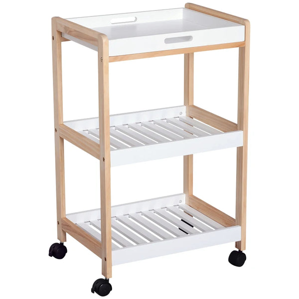 White 3-Tier Mobile Kitchen Trolley Cart with Rolling Wheels - 46 x 35 x 74.5 cm