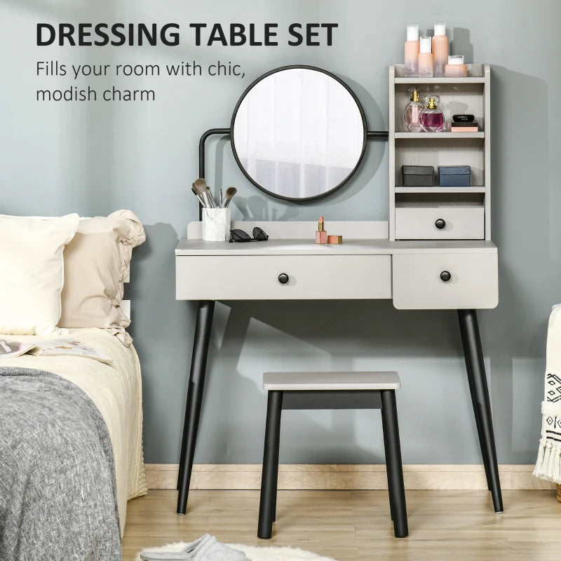 Grey Vanity Dressing Table Set with Mirror, Stool, 3 Drawers & Shelves