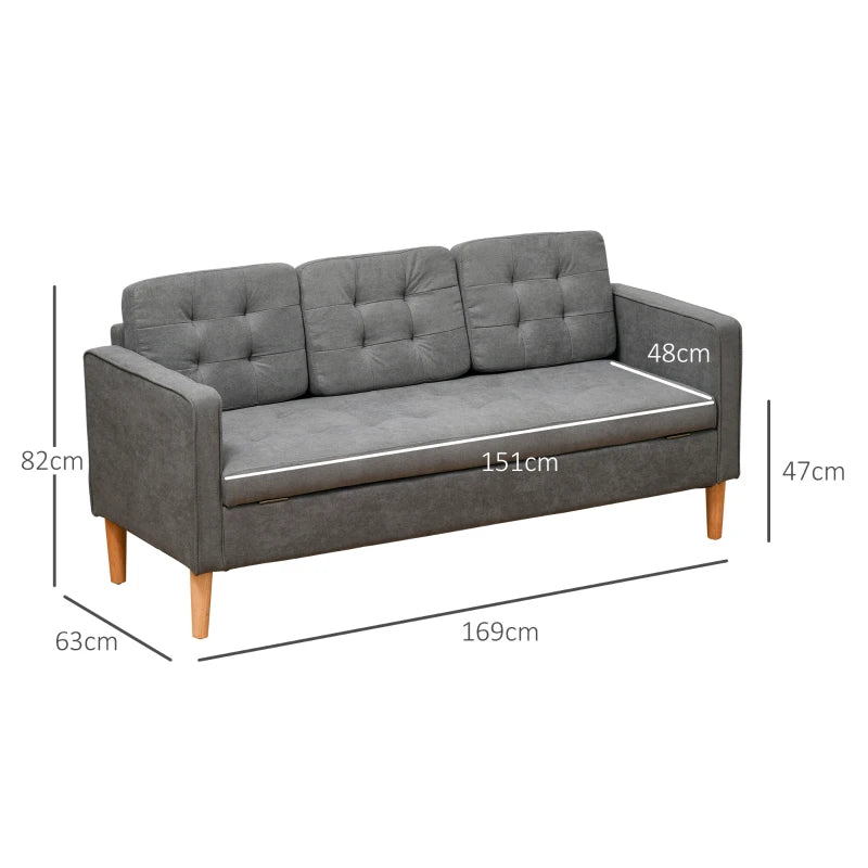 Grey Tufted 3 Seater Sofa with Hidden Storage and Wood Legs