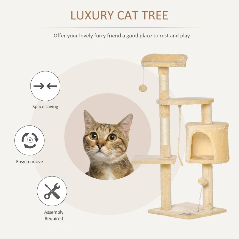 Beige Cat Tree Condo with Toys - 4-tier 114cm Tall