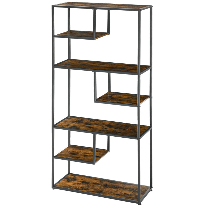 Rustic Brown 7-Tier Metal Bookcase Shelf for Home and Office