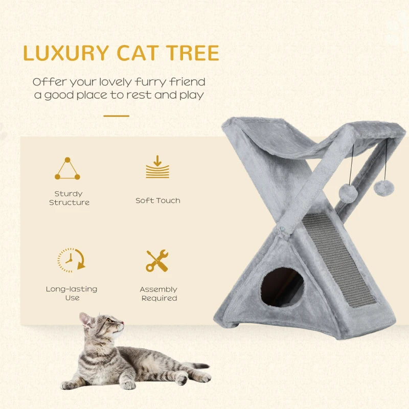 Grey Cat Tree Tower with Scratching Post and Hammock