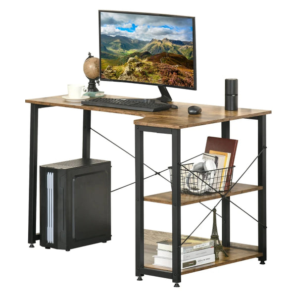 Rustic Brown L-Shaped Corner Desk with Bookshelf - Home Office Workstation