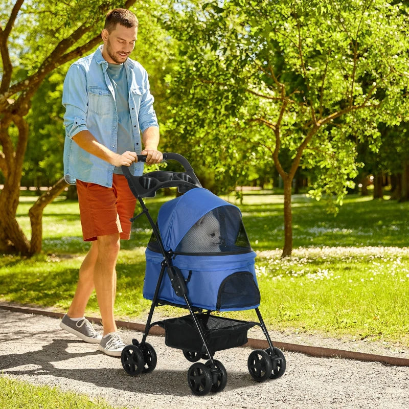 Blue Pet Stroller with Canopy and Storage - Foldable Dog Cat Pushchair