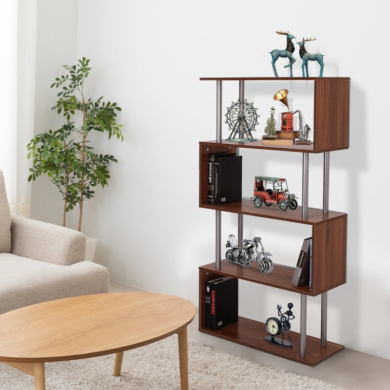 Modern Walnut S-Shaped 4-Tier Wooden Bookcase with Steel Frame