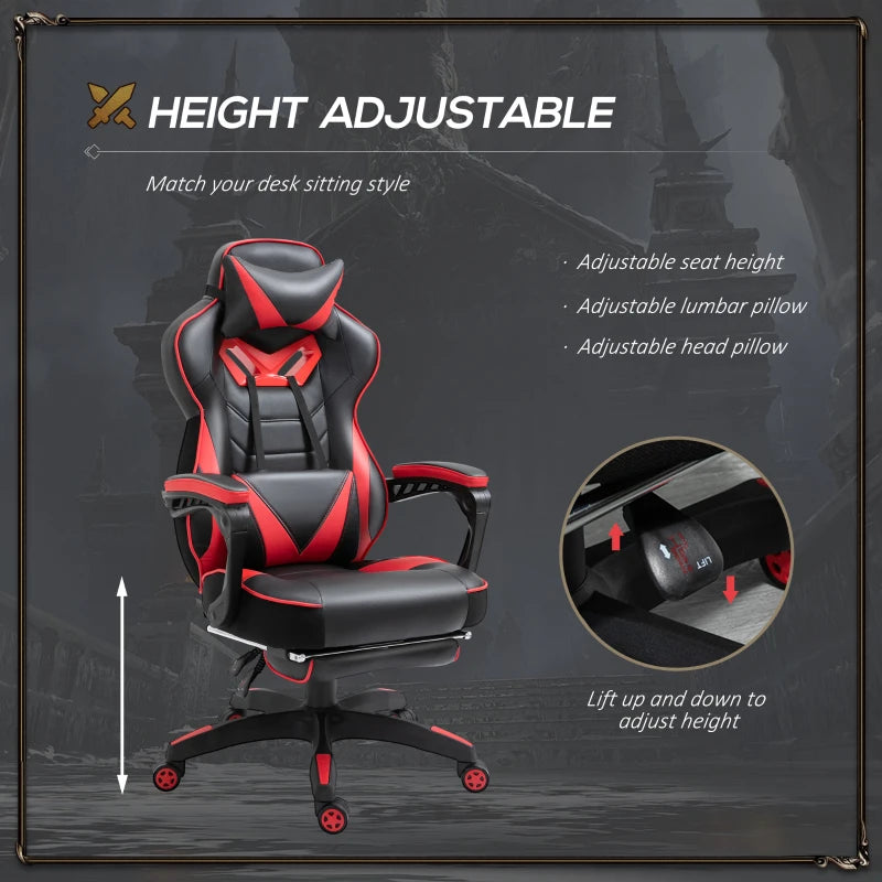 Red Gaming Chair with Lumbar Support, Footrest, and Headrest