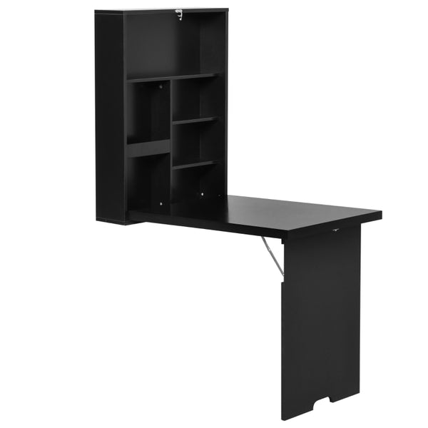 Black Wall-Mounted Drop-Leaf Table with Chalkboard and Shelf