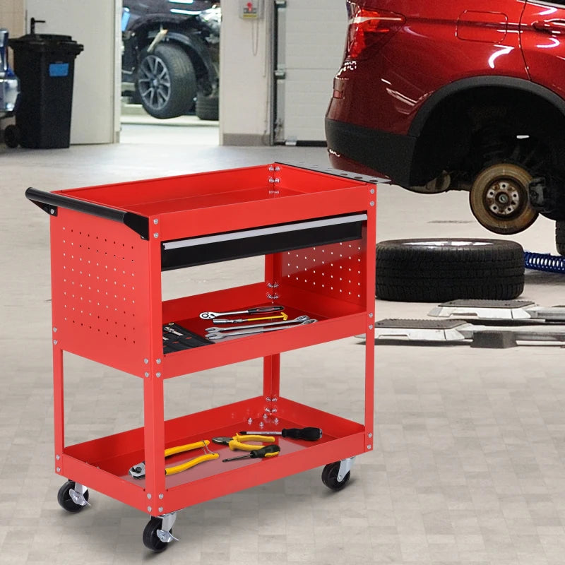 Red 3-Tier Tool Trolley Cart with Drawer