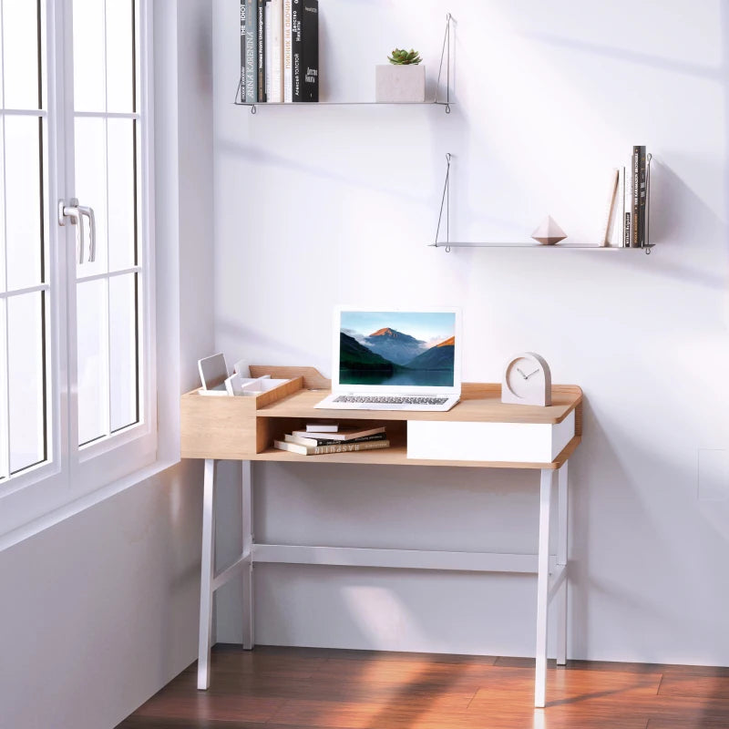 Oak and White Computer Writing Desk with Drawer and Storage Compartments