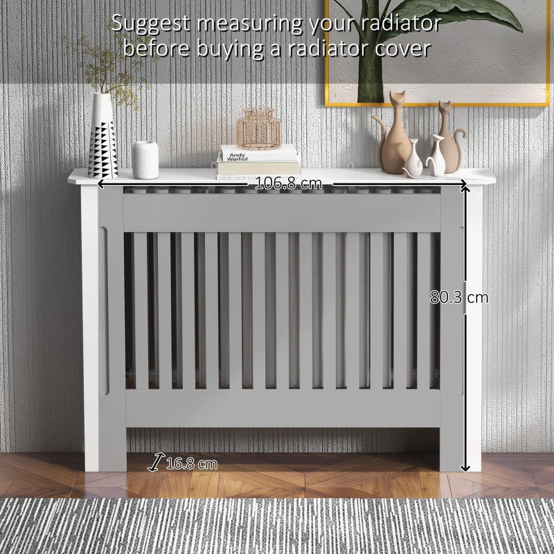 White Slatted Radiator Cover Cabinet - MDF Grill (112 x 19 x 81 cm)