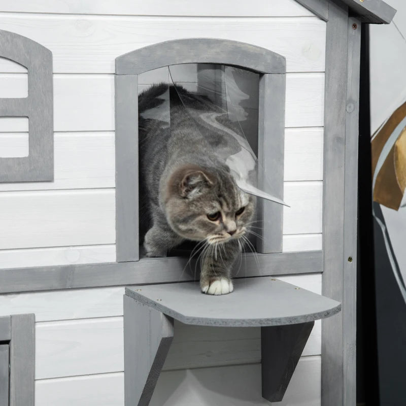 White 2-Storey Wooden Cat Enclosure with Escape Door