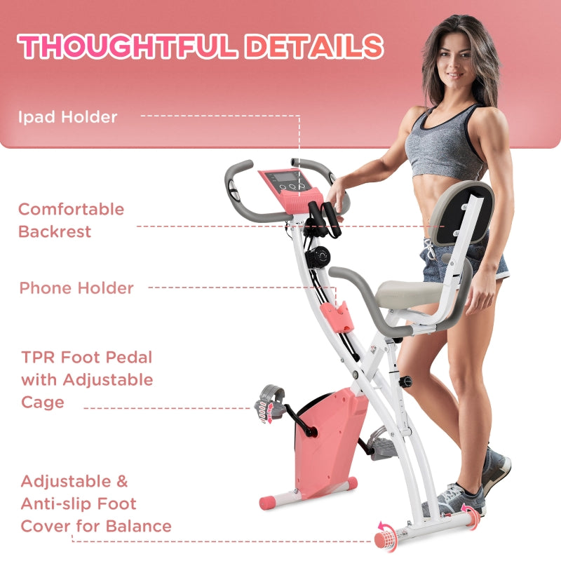 Pink Foldable Recumbent Exercise Bike with 8-Level Magnetic Resistance