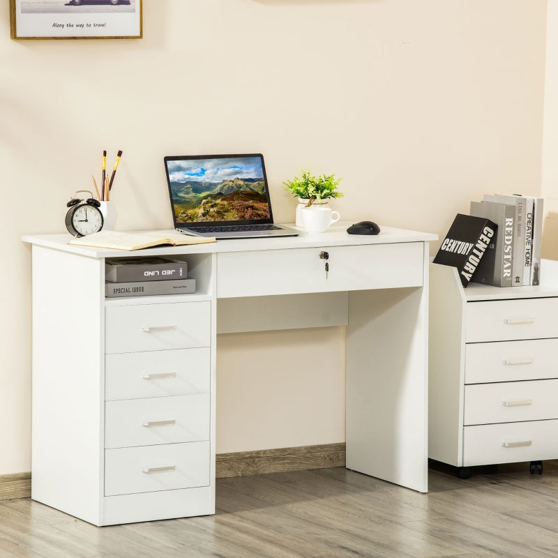 White Computer Desk with Lockable Drawer and Storage Shelf, 110 x 50 x 76 cm