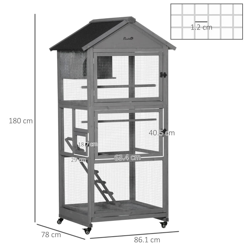 Mobile Wooden Bird Aviary Cage for Small Birds - Dark Grey