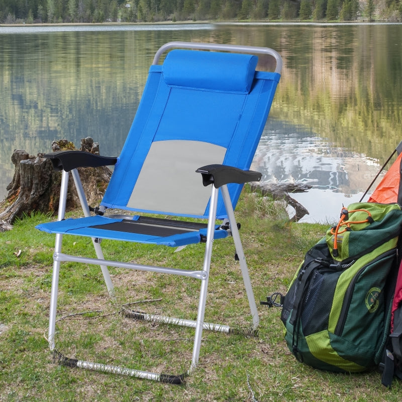 Blue Folding Camping Chair with Adjustable Recliner and Pillow