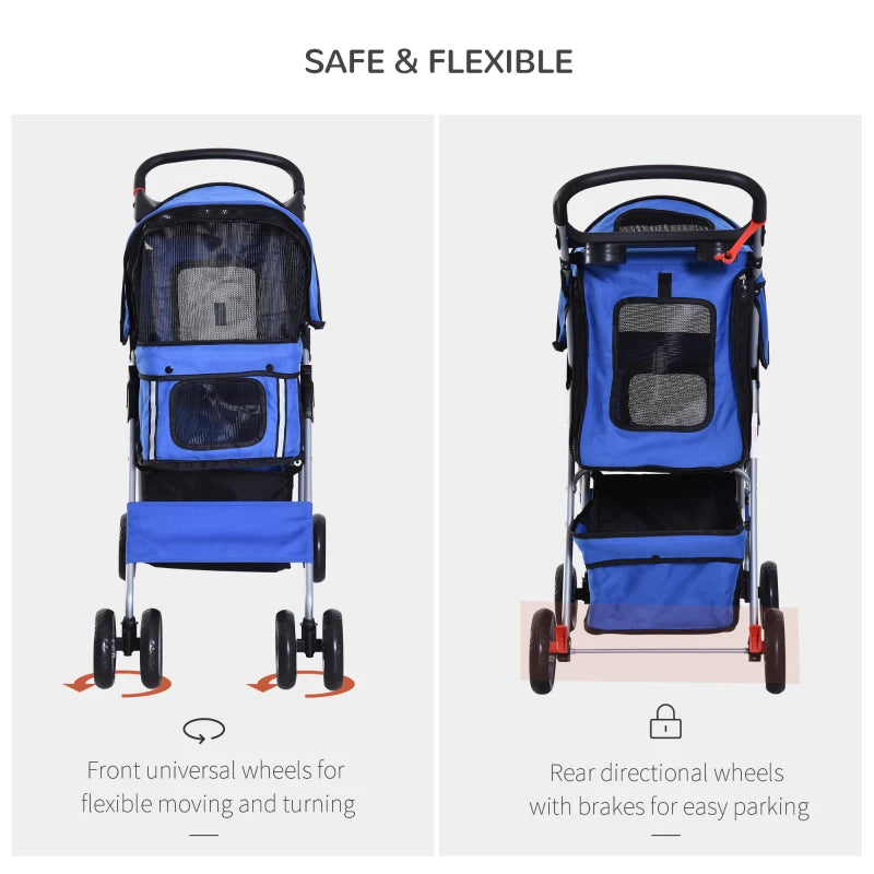 Blue Pet Stroller for Small Pets - Foldable Travel Carriage