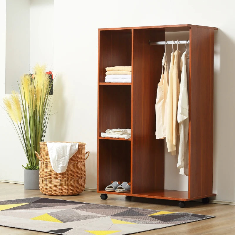 Mobile Walnut Wardrobe with Hanging Rod and Shelves