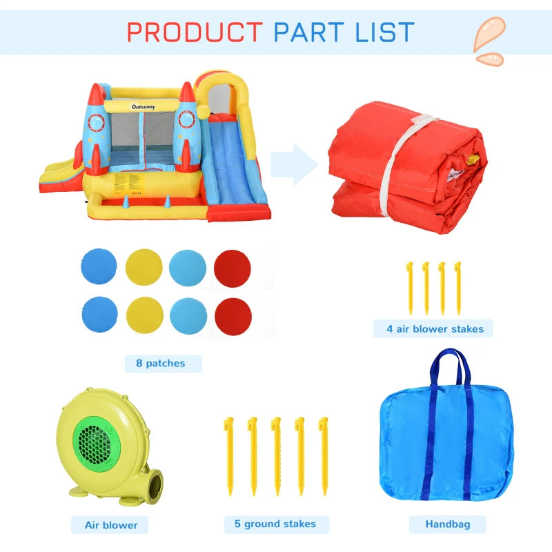 Inflatable Rocket Design Bounce Castle with Trampoline, Slide, and Pool - 3.4m x 2.8m x 1.85m - Blue