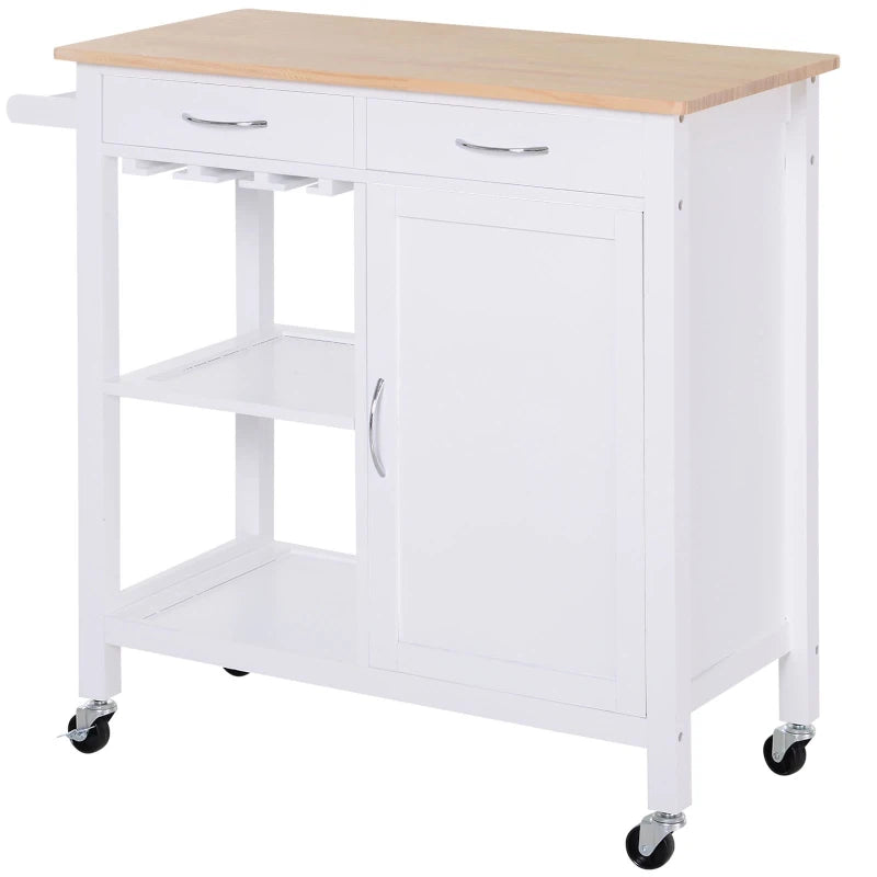 White Kitchen Storage Trolley Cart with Drawers and Wine Glass Rack