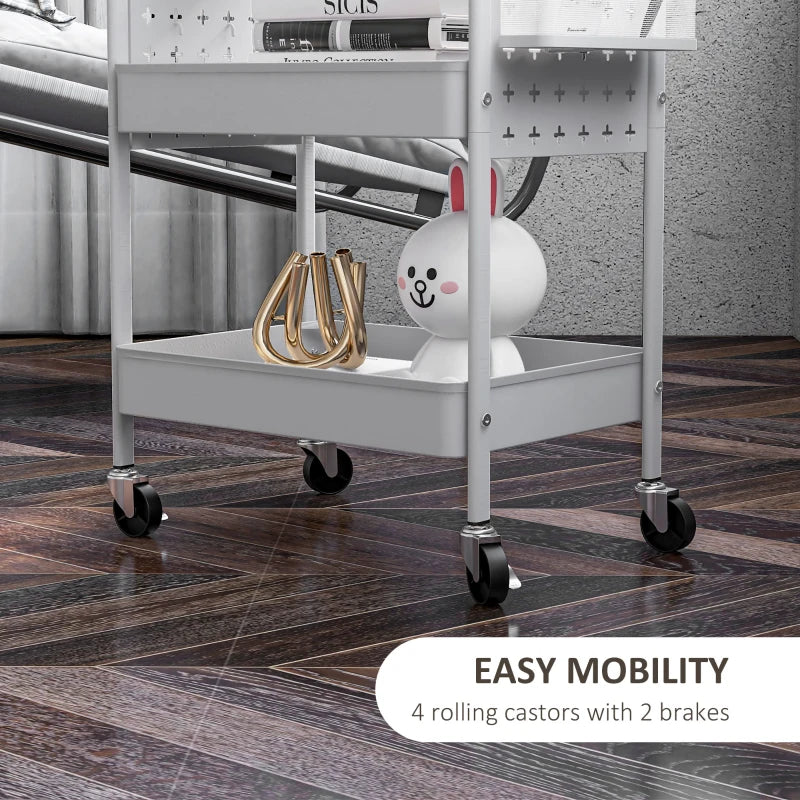 White 3-Tier Rolling Storage Trolley with Baskets and Hooks