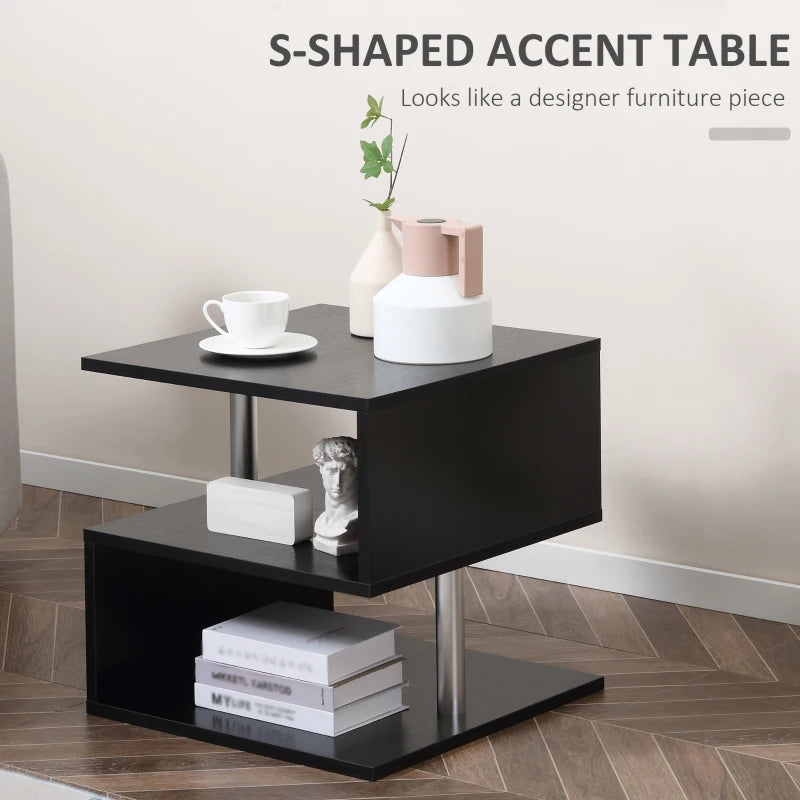 Black Wooden S-Shaped Coffee Table with 2-Tier Storage Shelves