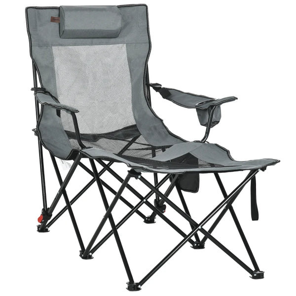 Grey Foldable Reclining Garden Chair with Footrest and Headrest