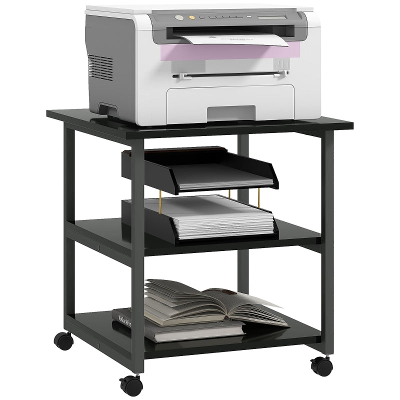 Black 3-Tier Steel Printer Stand with Wheels