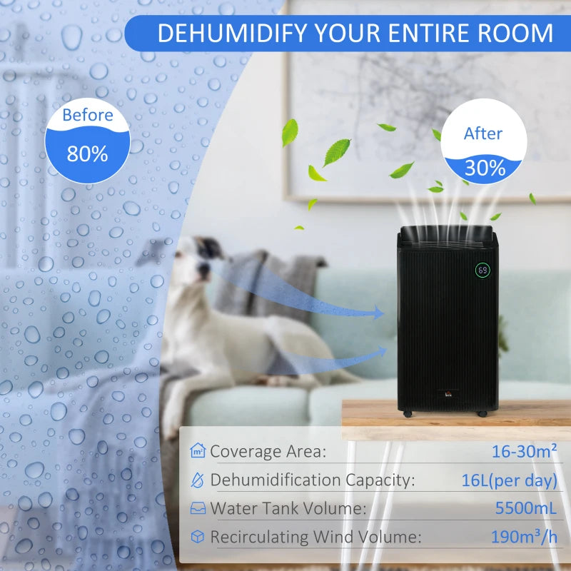 Black Portable Dehumidifier with Air Purifier, UVC, Ioniser, 24H Timer, 5 Modes - 16L/Day