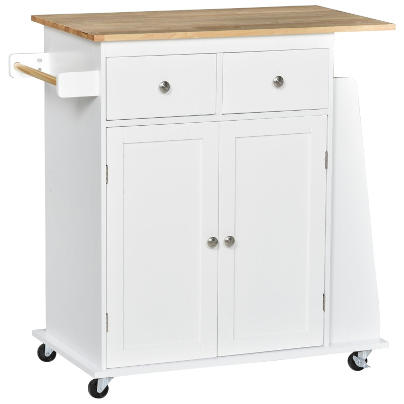 Rolling Kitchen Island Storage Cabinet with Rubber Wood Top - White