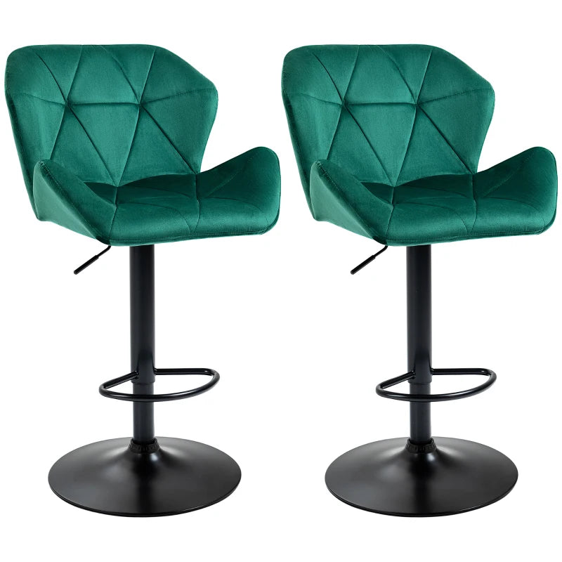 Green Velvet Bar Stools Set of 2 - Metal Frame, Adjustable Height, Swivel