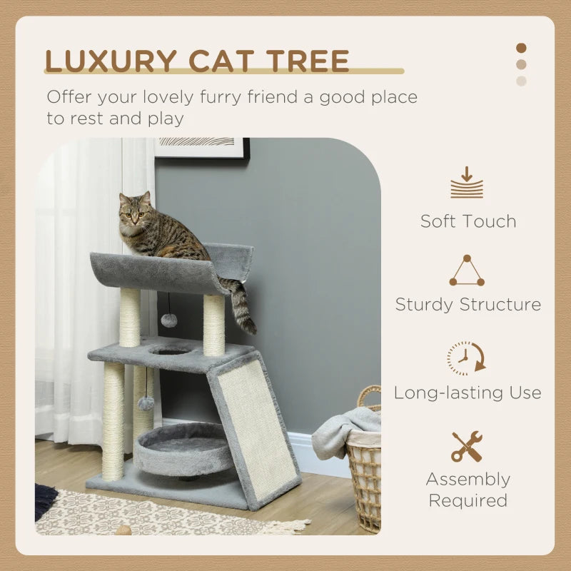 Cat Tree Tower with Scratching Posts, Pad, Bed, Perch, Toy Ball - Light Grey