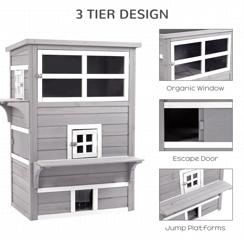 Grey Three-Tier Outdoor Cat House with Jumping Platforms