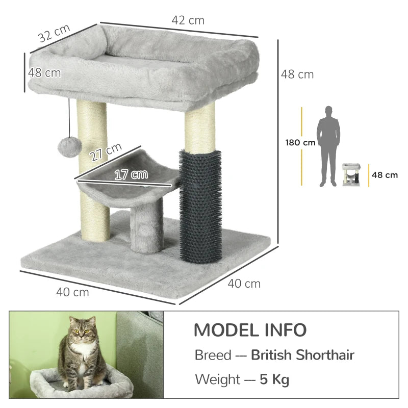 Grey Cat Tree with Scratching Posts, Bed, Perch, Self Groomer, Toy - 48cm