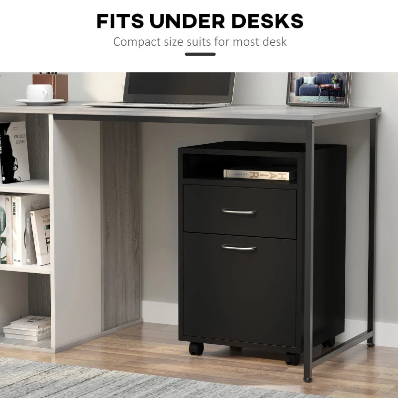 Black 60cm Storage Cabinet with Drawer, Open Shelf, Metal Handles, 4 Wheels - Office Home Organizer